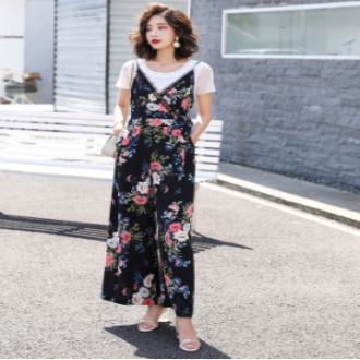 กางเกงขายาวสองชิ้นกางเกงขากว้างสถานียุโรปของผู้หญิงฤดูร้อนเสื้อยืดจัมพ์สูทลายดอกไม้ชุดจั๊มสูทหญิง