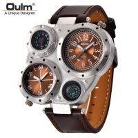 ⌚Oulm Unique Sports Men S Watches Top Brand Luxury 2 Time Zone นาฬิกาควอตซ์ตกแต่งเข็มทิศนาฬิกาข้อมือชาย