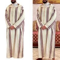 Islamic Arabic Clothing Men Djellaba Dubai Abaya Muslim Kaftan Middle East Caftan Casual Hooded Striped Robe Jubba Thobe 817