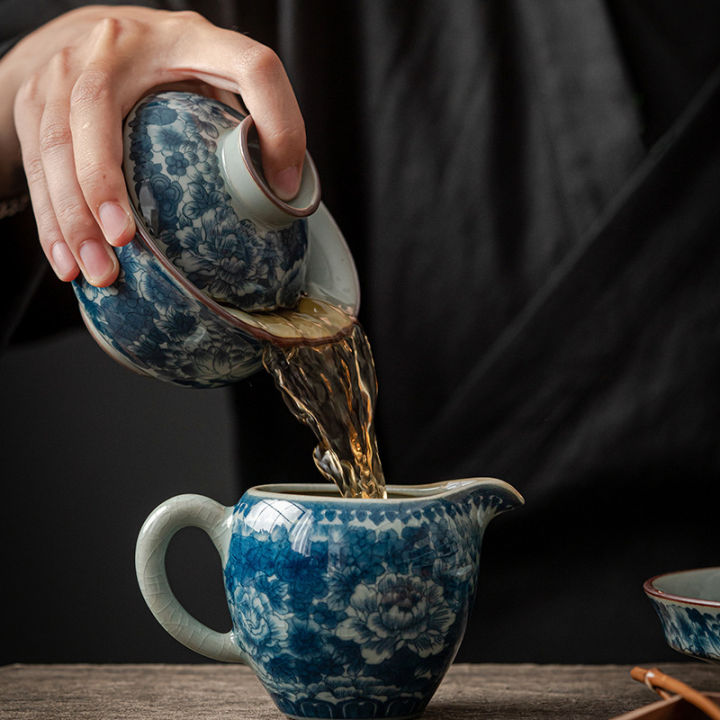 โบราณเต็มดอกไม้เซรามิกเปิด-gaiwan-สำหรับชาสีฟ้า-tureen-t-eaware-ชุดชามชาจีน-chawan-lily-เติ้งของร้านค้าถ้วยชา