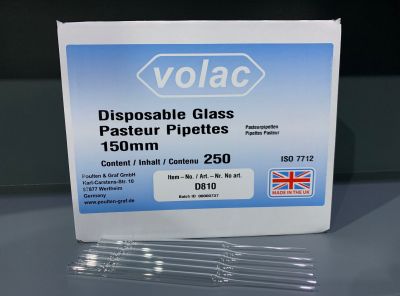 หลอดแก้วดูดสารละลาย หรือ พาสเจอร์ปิเปตแก้ว Disposable Pasture Pipette, soda lime glass, non-sterile, ขนาด 6 นิ้ว (150 มิลลิเมตร), บรรจุ 250 ชิ้น ต่อ แพ็ค ยี่ห้อ Volac (UK)