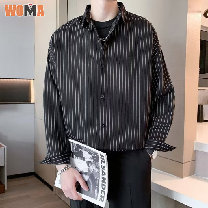 woma-เสื้อวินเทจชาย-เสื้อเชิ้ตผู้ชายลายทางแขนเจ็ดส่วนสไตล์ที่คุ้นเคย