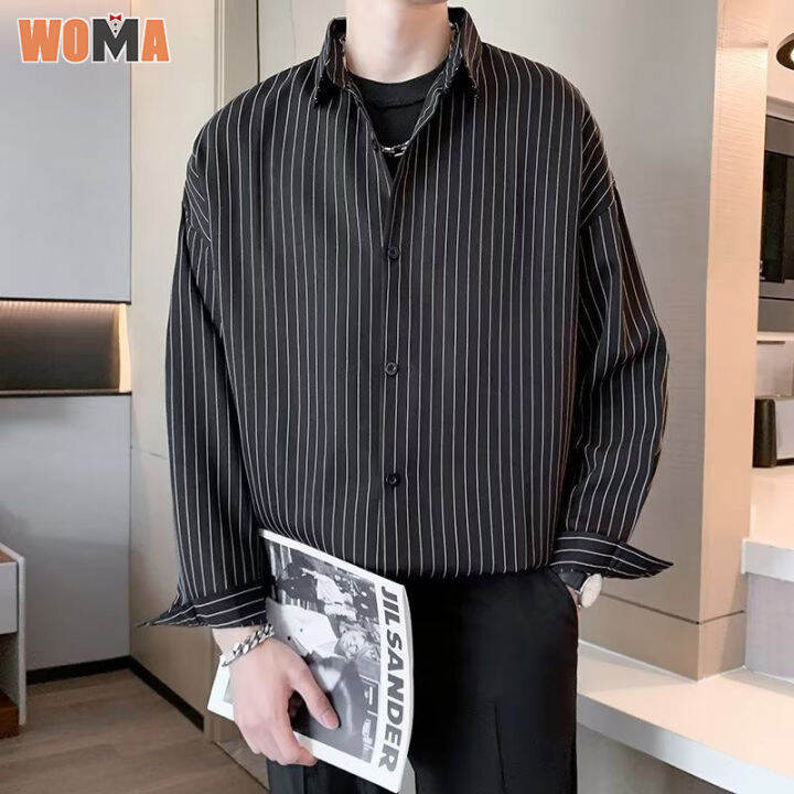 woma-เสื้อวินเทจชาย-เสื้อเชิ้ตผู้ชายลายทางแขนเจ็ดส่วนสไตล์ที่คุ้นเคย