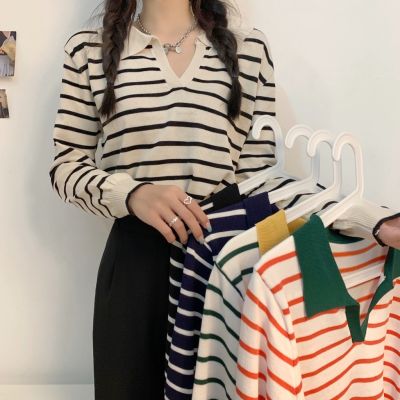 ℡☢✺ Long Sleeve Sweater 1781018-1 Early Autumn ins Trendy polo Collar Striped Knitted Korean Version Loose All-Match V-Neck