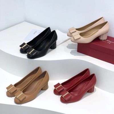 2023 new FG Series Four Colors Soft cow leather bow round head plum heels