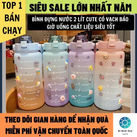 Bình nước 2 lít tặng kèm sticker có vạch báo giờ uống nước tiện lợi chất liệu tốt an toàn cho sức khỏe, bình nước cute nữ, bình đựng nước 2 lít, bình đựng nước, bình giữ nhiệt 2 lít 1