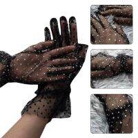 Women Sheer Lace Short Tulle Full Finger Gloves Vintage Polka Dot Ruffled Mitten 649C