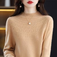 Autumn And Winter New 100% Wool Single-Line Ready-To-Wear Hollow Womens Pullover O-Neck Cashmere Sweater Knitted Solid Color