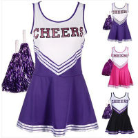 Womens Cheerleader Dress With Pom Poms School Girls Musical Party Halloween Cheer Leader Costume Fancy Dress Sports Uniform