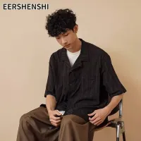 EERSHENSHI เสื้อคอวีแขนสั้นผู้ชายเสื้อสไตล์แขนสั้นญี่ปุ่น เสื้อเสื้อเชิ้ตลำลองดำมีกระเป๋าคอตตอนและผ้าลินิน