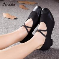 hot【DT】 Teacher Shoes Canvas Leather Ballet Low Heel Dancing Black/Red Womens Teaching Practice