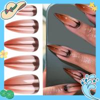 JANNERSATI เล็บฝรั่งเศสปลอมยาว Stiletto สีน้ำตาลกดบนเล็บแฟชั่นที่ถอดออกได้เล็บปลอม DIY