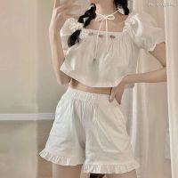 COD SDFGERGERTER ☫☌☇short-sleeved white pajamas women s summer 2021 new Korean version loose casual can be worn outside home service two-piece suit