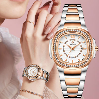 Hot2022 WWOOR ยี่ห้อ Rose G Old นาฬิกาผู้หญิงแฟชั่นเพชรสุภาพสตรีควอตซ์นาฬิกาข้อมือหญิงสแตนเลสกันน้ำวันที่นาฬิกา