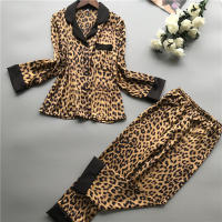 Daeyard Fashion Leopard Sleep Lounge Women Silk Pajamas Sets Long Sleeve Shirts And Pants 2PCS Pyjamas Sleepwear Home Clothes