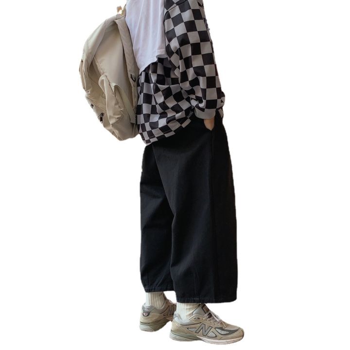 กางเกงขากว้างสีน้ำตาลย้อนยุคของญี่ปุ่นผู้ชายแบรนด์ไฮสตรีทในกางเกงเก้าจุดทรงหลวมสไตล์อเมริกันขนาดใหญ่