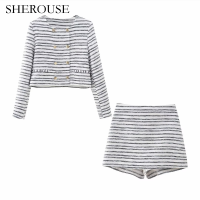 SHEROUSE ชุด2ชิ้นกระโปรงเสื้อและกางเกงสำหรับแฟชั่นสำหรับผู้หญิงชุด2ชิ้นสำหรับผู้หญิงชุดสูทแจ็คเก็ตเซ็กซี่และกางเกงขาสั้นแบบลำลองเก๋ไก๋