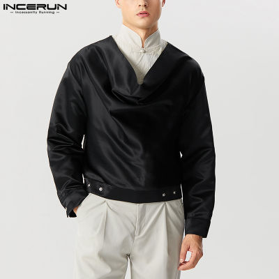 INCERUN เสื้อเนื้อแขนยาวสำหรับผู้ชายวินเทจเสื้อคอปกเรียบๆมีสไตล์ (สไตล์ตะวันตก)