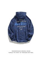 Retro hip-hop alphabet printed plaid hooded shirt mens trendy brand loose couple casual thin coat 【BYUE】