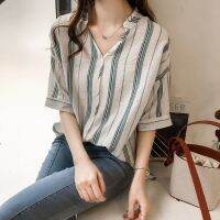 [COD] plus size womens fat girl striped short-sleeved 2022 new Korean version of the trendy loose-fitting bottoming top