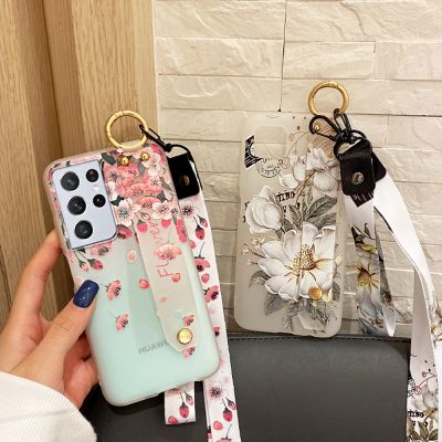 ☎ Soft Silicone Case For Samsung S20 FE S21 S22 S23 Ultra Note 20 Flowers Neck Lanyard Wristband Holder Cover S10 Note 10 Plus