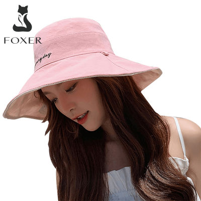 FOXER ขอบใหญ่สไตล์ Face ฤดูร้อนขอบใหญ่สองด้านหมวกชาวประมงหญิงเวอร์ชันเกาหลีฤดูร้อนป่า Shade แนวโน้มแฟชั่นหมวกบังแดด