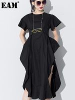 [EAM] Women Black Ruffles Side Slit Long Shirt Dress New Round Neck Short Sleeve Loose Fit Fashion Tide Spring Summer 2023 JS568