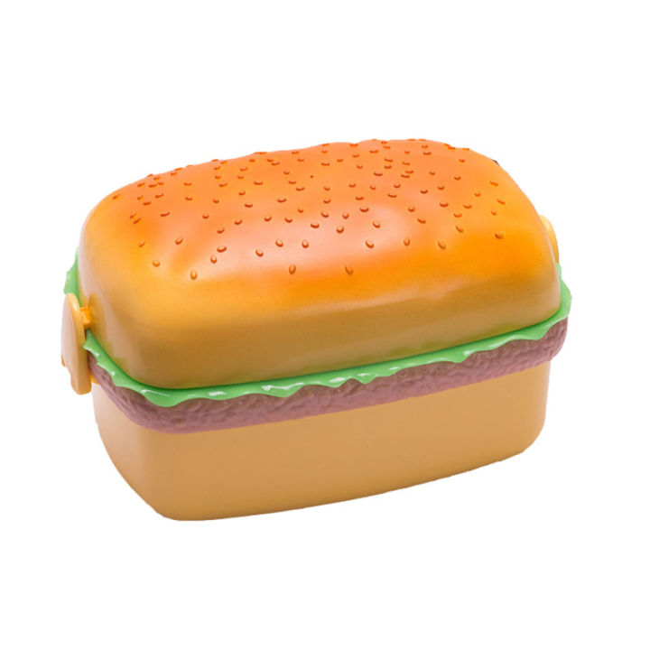 double-tier-hamburger-lunch-box-hamburger-bento-box-microwavable-kids-school-food-container-fork-dinnerware-set