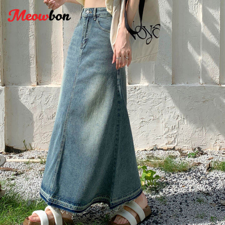 Autumn New Retro Frayed Edge High Waist A Line Long Denim Skirts For Women S M L Xl Lazada 9634