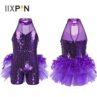 Girls Sequins Jazz Latin Ballet Dance Costume Leotard Jumpsuit Kids Sleeveless Mock Neck Shiny jazz Costume Feather Costumes