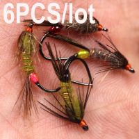 Bimoo 6ชิ้น/ล็อต12 Hare39; S Ear Nymph Fly Rainbow Brown Brook Trout Greyling Caddis Nymph Lures Barbless Hook Fishing Wet Flies