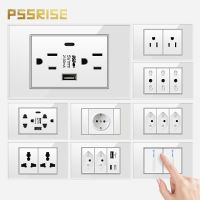 PSSRISE Brazil EU US Wall Power Socket with 5V 2.1A USB Type-c Charger Tempered Glass Panel Light Switch Wall Outlet 118*74mm