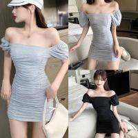 ชุดเดรสสําหรับสตรีเซ็กซี่แขนกุดเปิดไหล่สีพื้น Bodycon