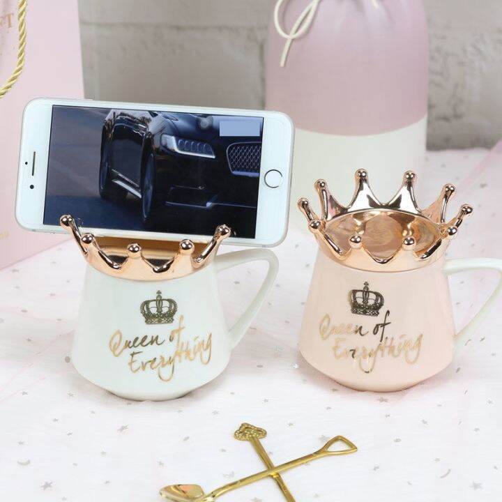 high-end-cups-นอร์ดิกลมสีชมพูมงกุฎถ้วย-ins-แก้วช้อนแก้วกาแฟสร้างสรรค์เซรามิกน้ำนมน้ำสำหรับอาหารเช้าถ้วยและแก้วสาวของขวัญน่ารัก