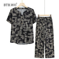 BTB.WO 2023ฤดูร้อนแขนลำลองขาสั้นเสื้อผ้ายายเสื้อผ้าสองชิ้นสำหรับคุณแม่อายุ60-80ปี