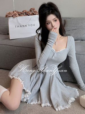 HengShanYuan เสื้อชุดลูกไม้เซ็กซี่แขนยาวแบบจีบสำหรับผู้หญิงกระโปรงทรงเอแบบพอง
