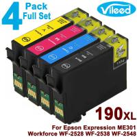 For 4 Pack 190XL BK C M Y Ink for EPSON Full Set 190 T1901 XL T1911 Black T1902 Cyan T1903 Magenta T1904 Yellow Print Cartridge for Expression ME301 Workforce WF-2528 WF2528 WF-2538 WF2538 WF-2548 WF2548 Printer