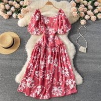 COD DSFERTGERRYYY Floral Chiffon Dress for Women Korean Puff Sleeve High Waist Casual Midi Dresses