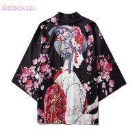 bebovizi ชุดกิโมโนแฟชั่นสําหรับ unisex สีดําทรงหลวมสไตล์ฮาราจุกุ d