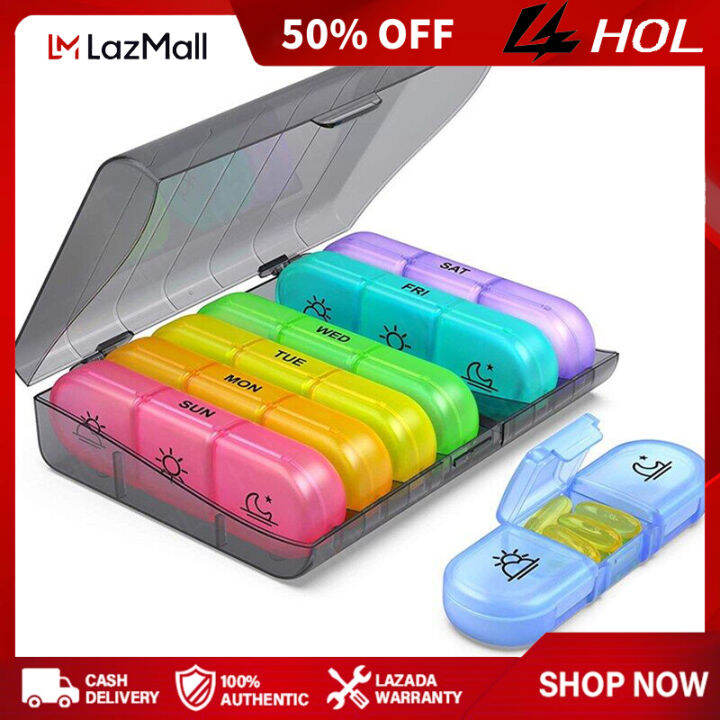 HOL Portable Pill Box 21 Grid Black Pill Box Sorting Box Seven Days a ...