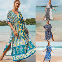 Beach Cover Up Geometric Printed Kaftans for Women Slim Waist Short Sleeve Bathing Suits Maxi Dresses Tunic Seaside Beachwear Swimwear Outer Cover Sun Protection Shirt Women