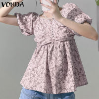 (จัดส่งฟรี)Fancystyle VONDA เสื้อจับจีบคอเหลี่ยมเสื้อพิมพ์ลายดอกไม้แขนพองแบบลำลองสำหรับแฟชั่นสำหรับผู้หญิง