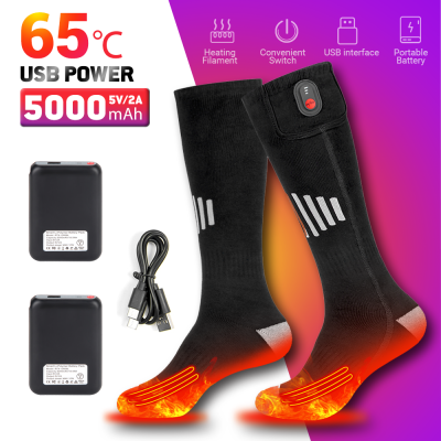 65 ℃ อุ่นถุงเท้าฤดูหนาวความอบอุ่น5000มิลลิแอมป์ชั่วโมง USB ชาร์จความร้อนถุงเท้ากลางแจ้งจุดรองเท้าอุ่นสโนว์โมบิลเล่นสกีถุงเท้า