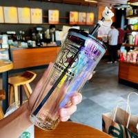 Starbuck 10th Anniversary 2021 Shining สีดำขนาดใหญ่ความจุแก้วคู่ถ้วยฟางกีฬาประกอบถ้วยน้ำ