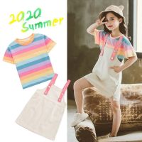 CUI YI SHOP short-sleeved 2022 summer new cute college dress little girl rainbow striped suspender suit