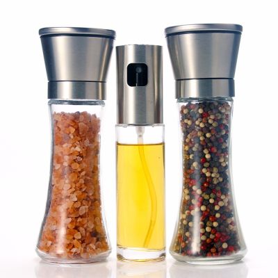 Salt and Pepper Grinder and Olive Oil Sprayer Set - Tall Salt and Pepper Shakers with Adjustable Coarseness