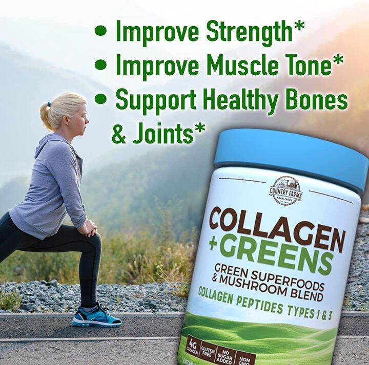 ผงคอลลาเจน-รวมผักและผลไม้-collagen-peptides-types-1-amp-3-green-superfoods-amp-mushroom-blend-unflavored-300g-country-farms