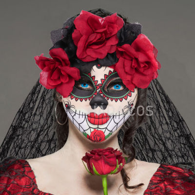 Halloween Lace Veil Day of The Dead Halloween Ghost Red Rose Flower Headband Halloween Carnival Party Accessoris