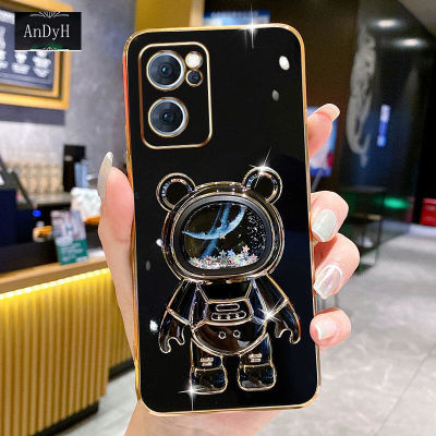 AnDyH Phone Case OPPO Reno 7 5G /Find X5 Lite/Reno 7 Pro 5G/Realme 9i 4G/A96 4G/K10 4G 6DStraight Edge Plating+Quicksand Astronauts who take you to explore space Bracket Soft Luxury High Quality New Protection Design