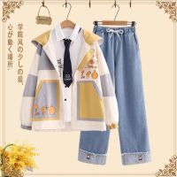 Spot parcel post Spring and Autumn Junior High School Students Loose Preppy Trench Coat Korean Style Girl Suit Casual Pants Two Or Three Pieces in a Set